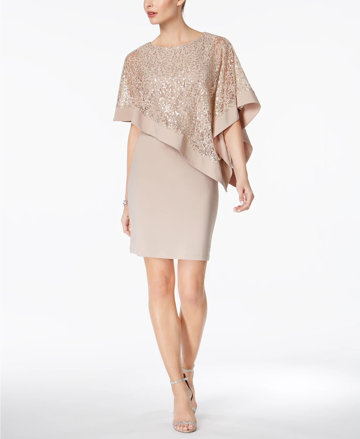 R & M Richards Women's Petite Sequined Cape Sheath Dress Taupe Size 6 P