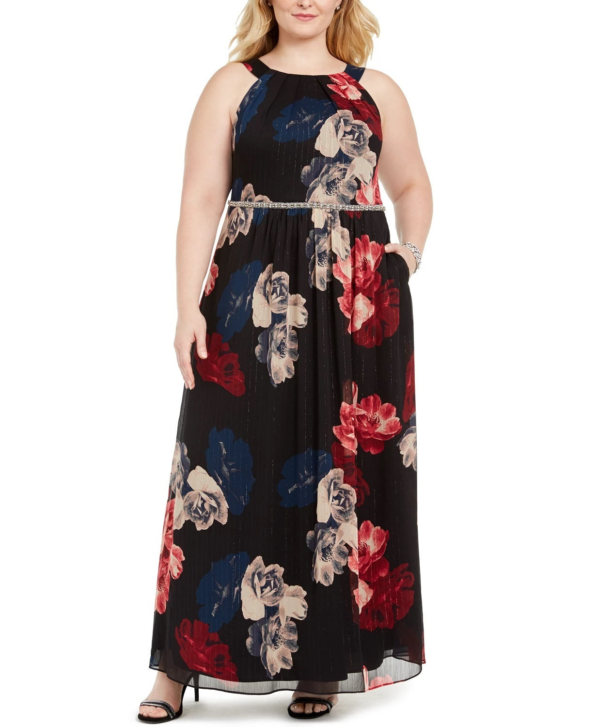 SL Fashions Women's Plus Size Printed Bead-Waist Maxi Dress Charcoal Size 20W