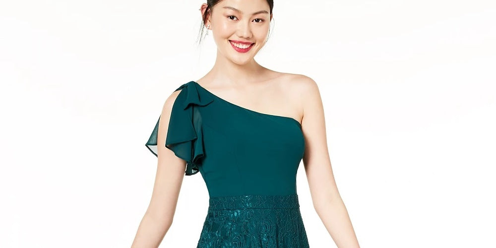 City Studios Women's Sleeveless Asymmetrical Neckline Short Fit Flare Formal Dress Green Size 7