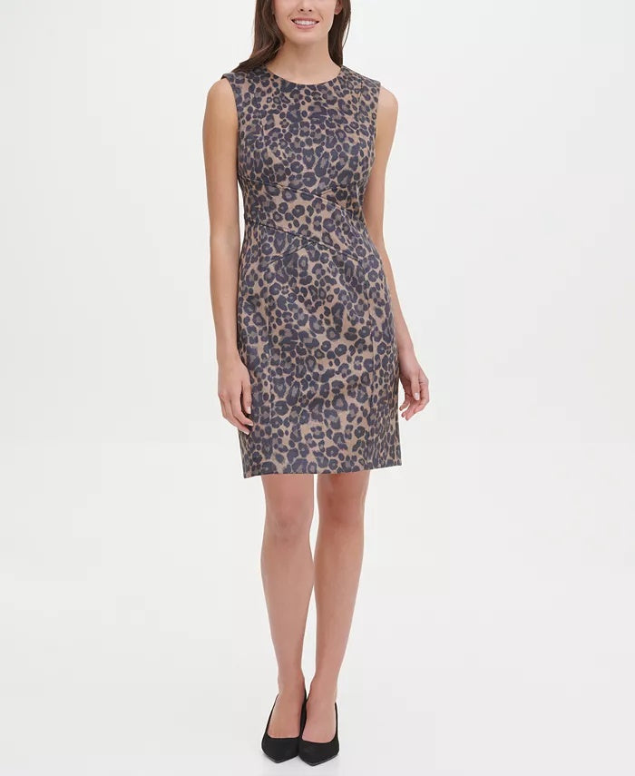 Tommy Hilfiger Women's Faux-Suede Leopard Scuba Sheath Dress Brown Size 10