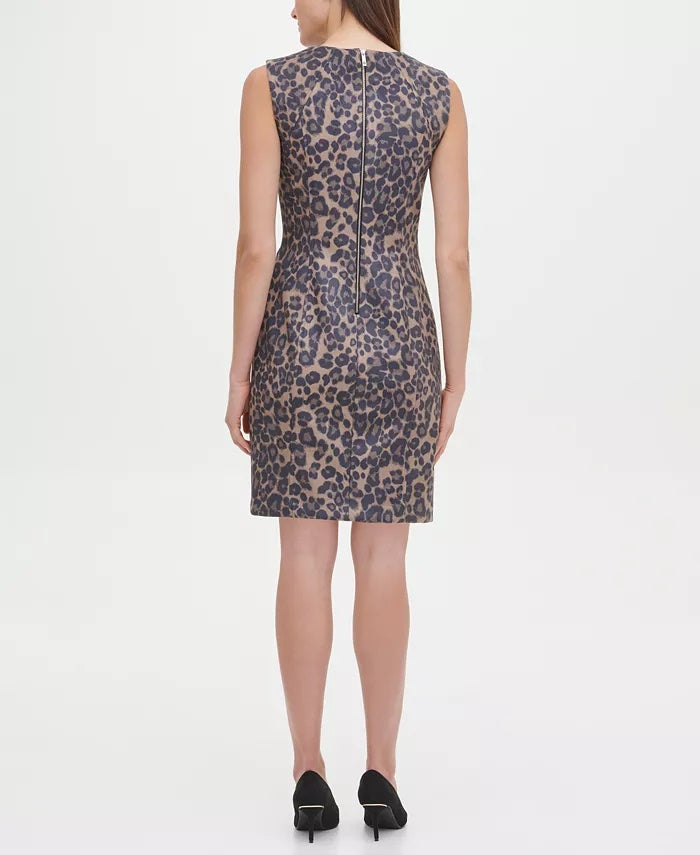 Tommy Hilfiger Women's Faux-Suede Leopard Scuba Sheath Dress Brown Size 10