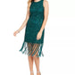 Adrianna Papell Women's Fringed Beaded Sleeveless Jewel Neck Short Sheath Cocktail Dress Green Size 2
