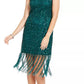 Adrianna Papell Women's Fringed Beaded Sleeveless Jewel Neck Short Sheath Cocktail Dress Green Size 2
