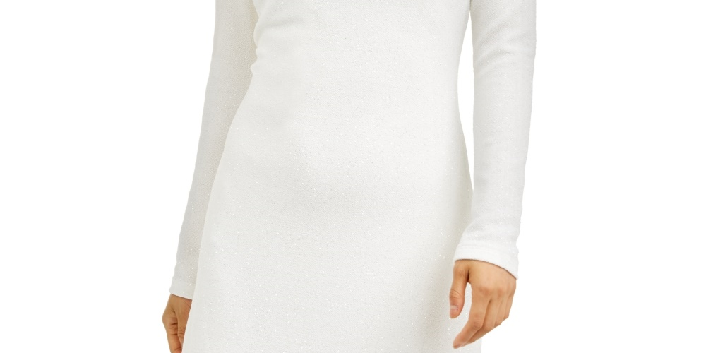 Speechless Women's Glitter Long Sleeve Jewel Neck Above The Knee Body Con Evening Dress White Size 13