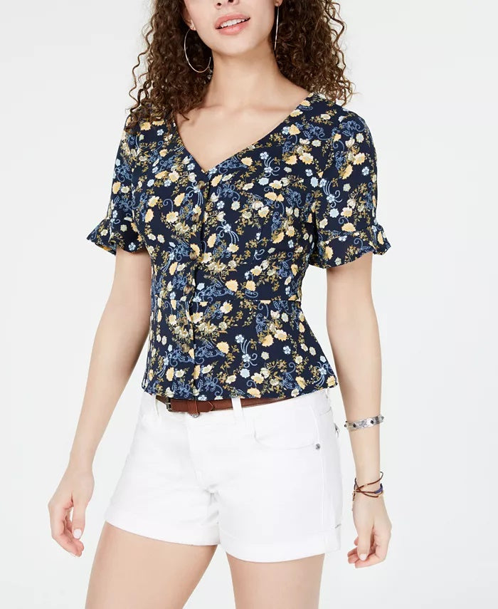 Hooked Up By Iot Juniors' Printed Peplum Blouse Navy Size Large