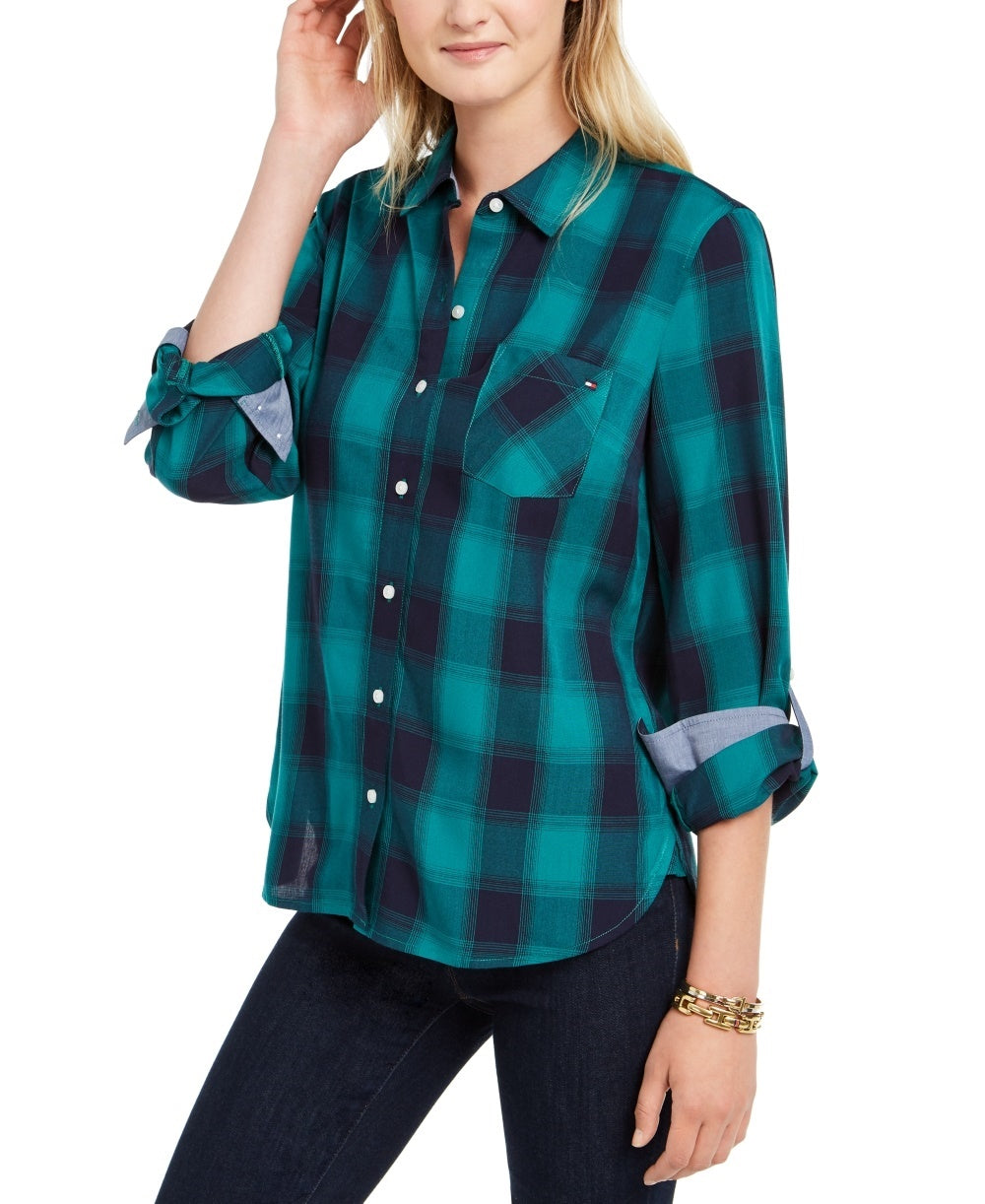 Tommy Hilfiger Women's Check-Print Button-Down Shirt Green Size Medium