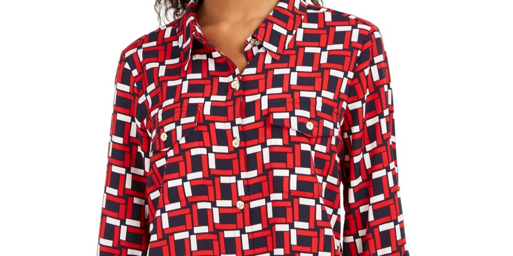 Tommy Hilfiger Women's Printed Utility Tunic Blue Size Medium