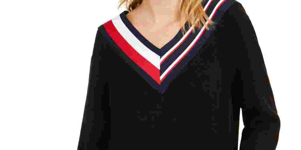 Tommy Hilfiger Women's Striped V Neck Sweater Black Size Medium