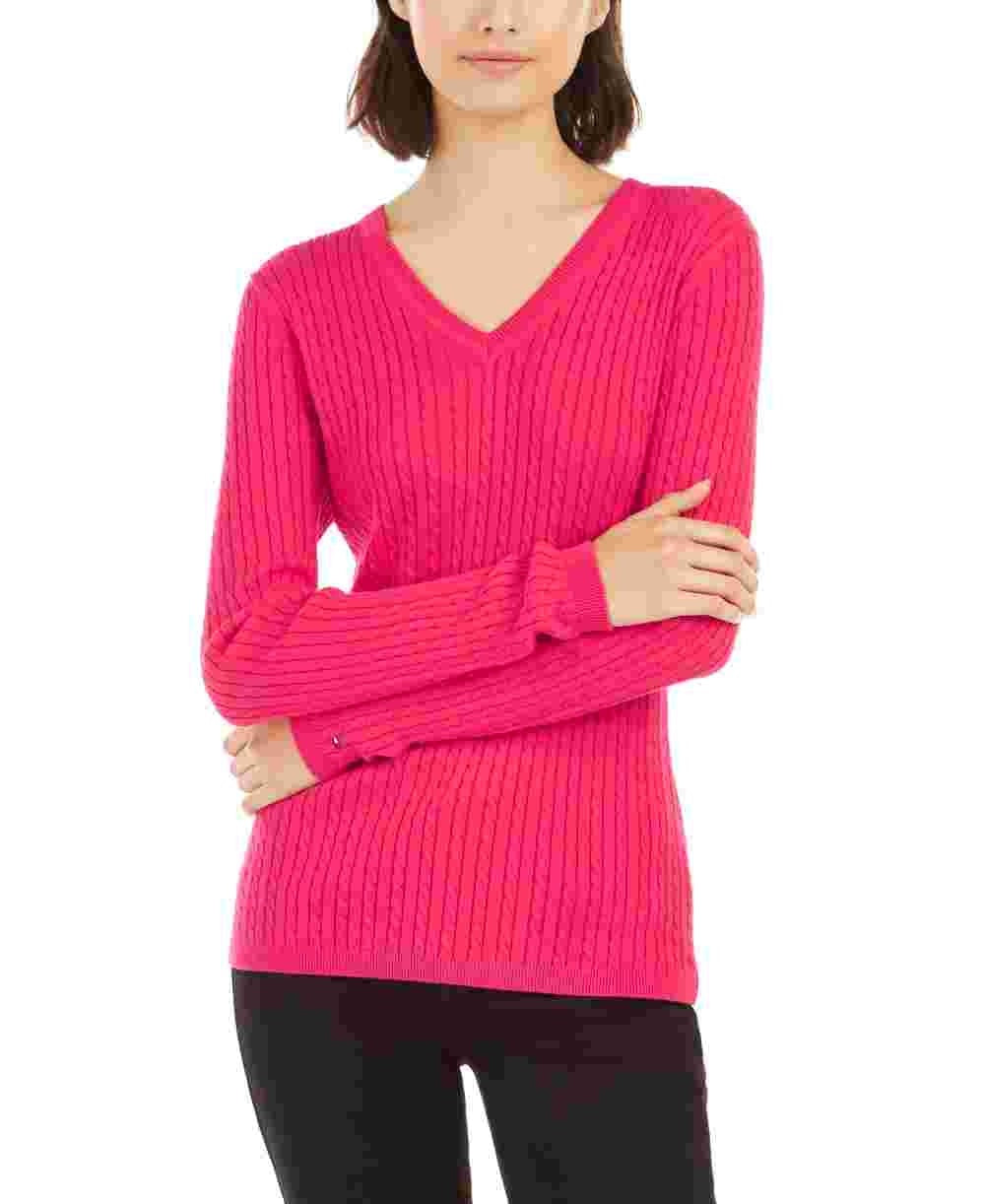 Tommy Hilfiger Women's Ivy Cotton Cable Sweater  Pink Size X- Small