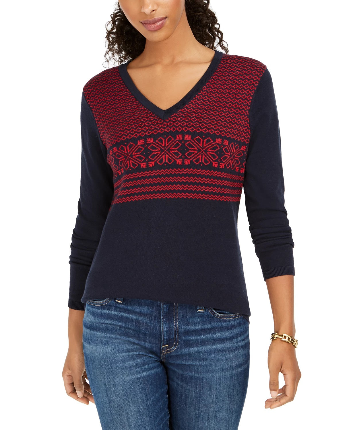 Tommy Hilfiger Women's Fair Isle Ivy Cotton Sweater Blue Size Small