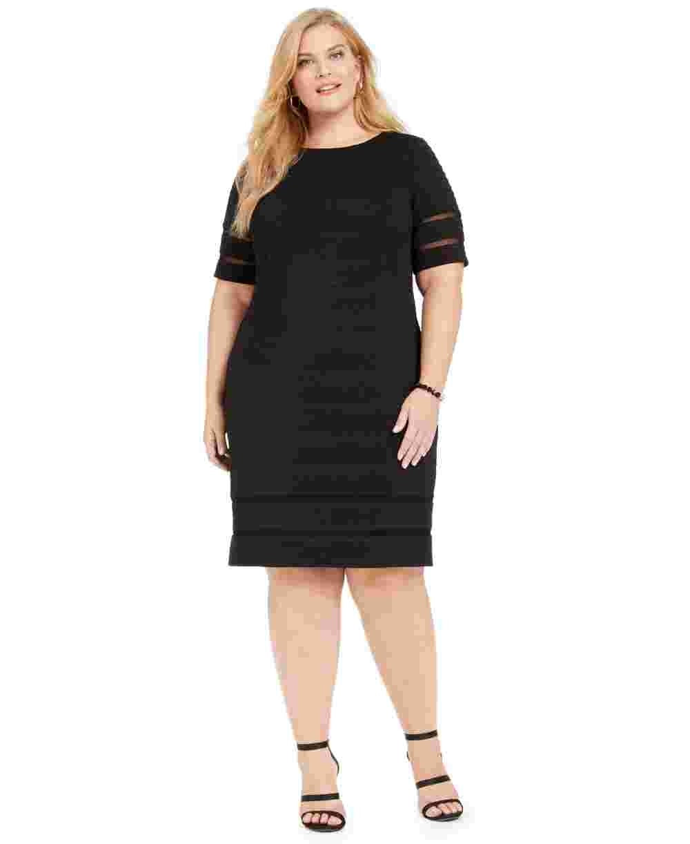 Jessica Howard Women's Black Illusion Trim Short Sleeve Jewel Neck Below The Knee Sheath Wear To Work Dress Black Size 14W