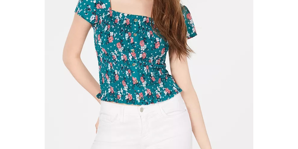 Crave Fame Juniors' Printed Smocked Cap Sleeve Top Pink Size X-Small