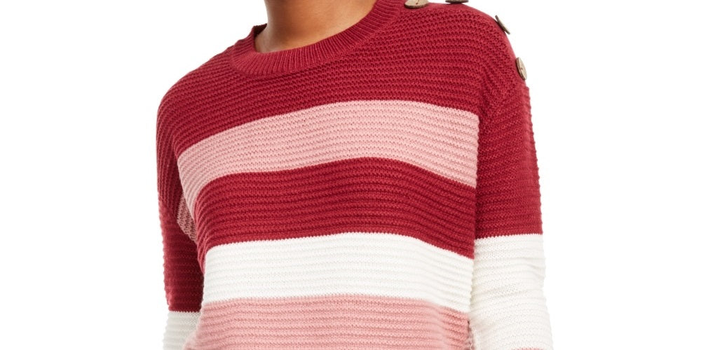 Planet Gold Derek Heart Juniors' Striped Button-Shoulder Sweater Red Size Medium
