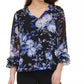 Calvin Klein Women's Printed Ruffle Sleeve Blouse Blue Size Medium