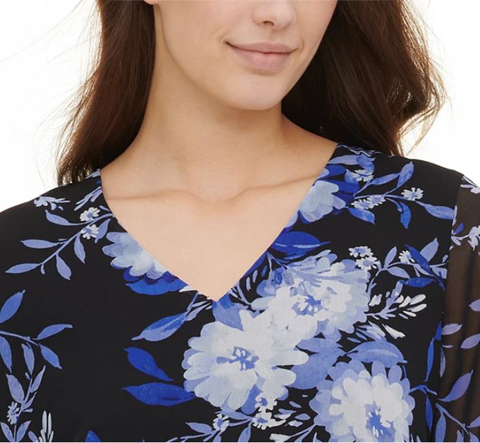 Calvin Klein Women's Printed Ruffle Sleeve Blouse Blue Size Medium