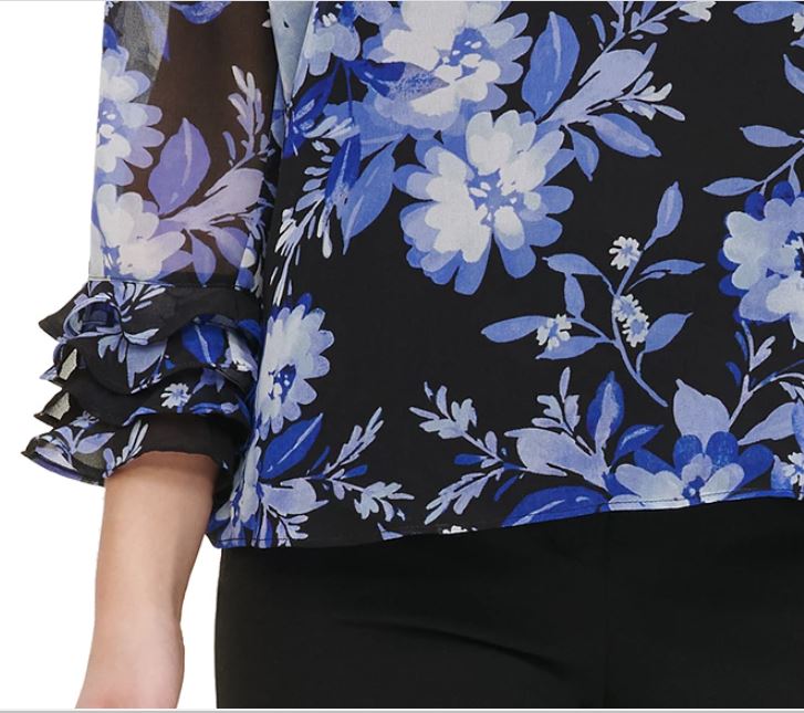 Calvin Klein Women's Printed Ruffle Sleeve Blouse Blue Size Medium