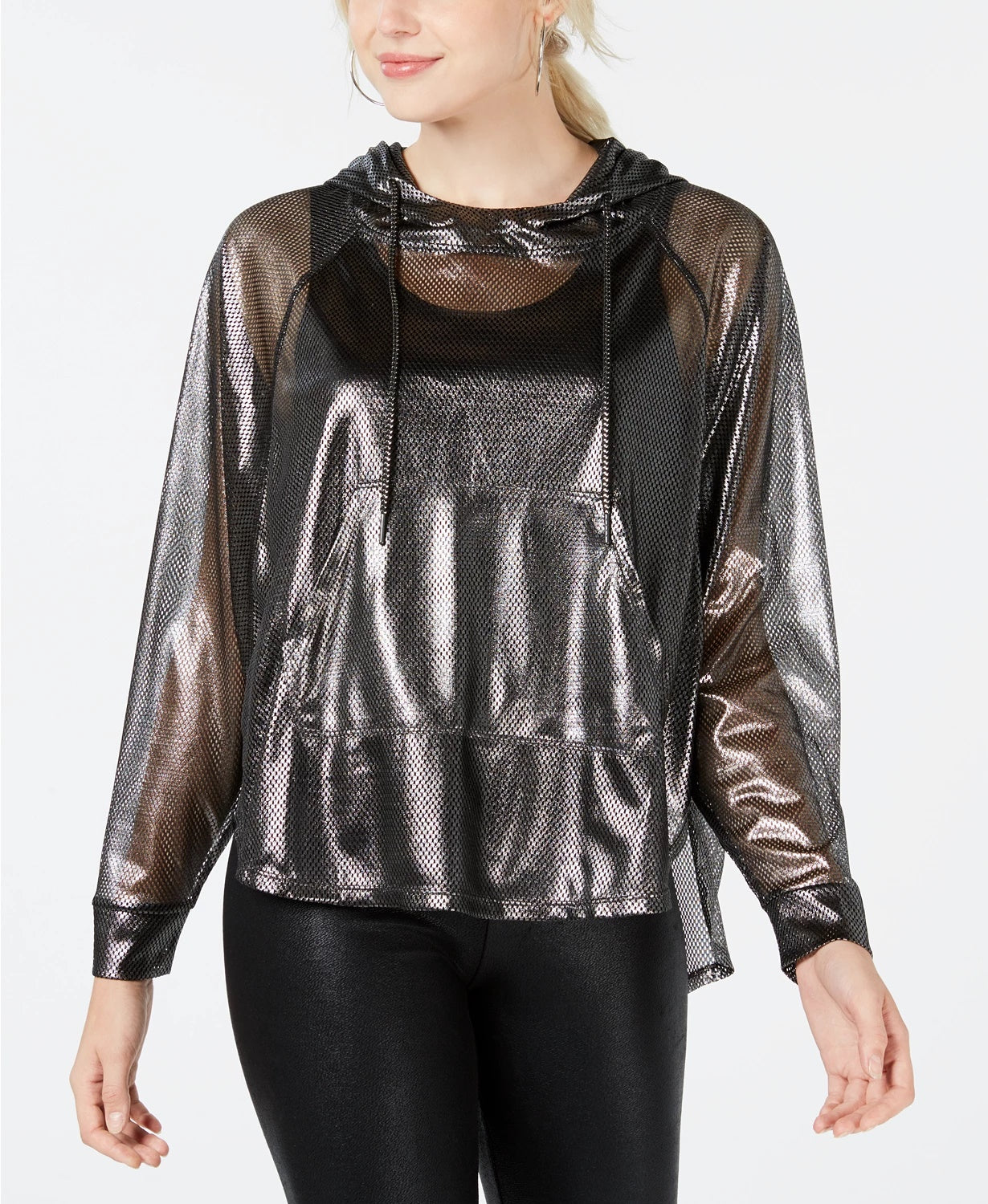 Material Girl Juniors' Metallic Semi-Sheer Windbreaker Black Size Large