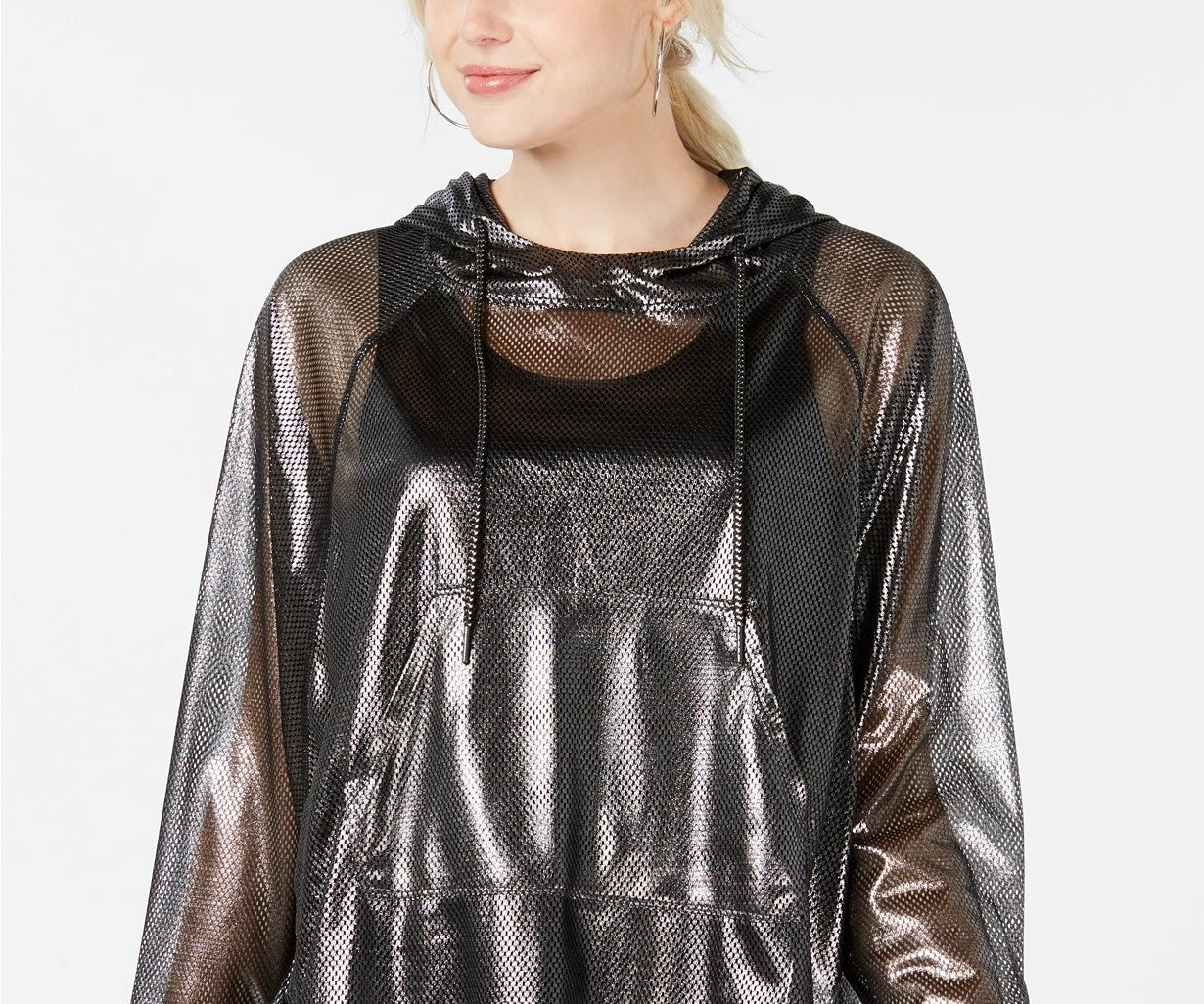 Material Girl Juniors' Metallic Semi-Sheer Windbreaker Black Size Large