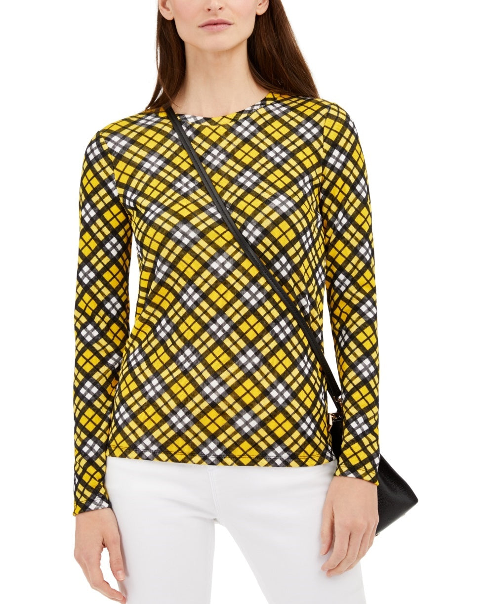 Michael Kors Women's Plaid Long Sleeve Top Yellow Size Small