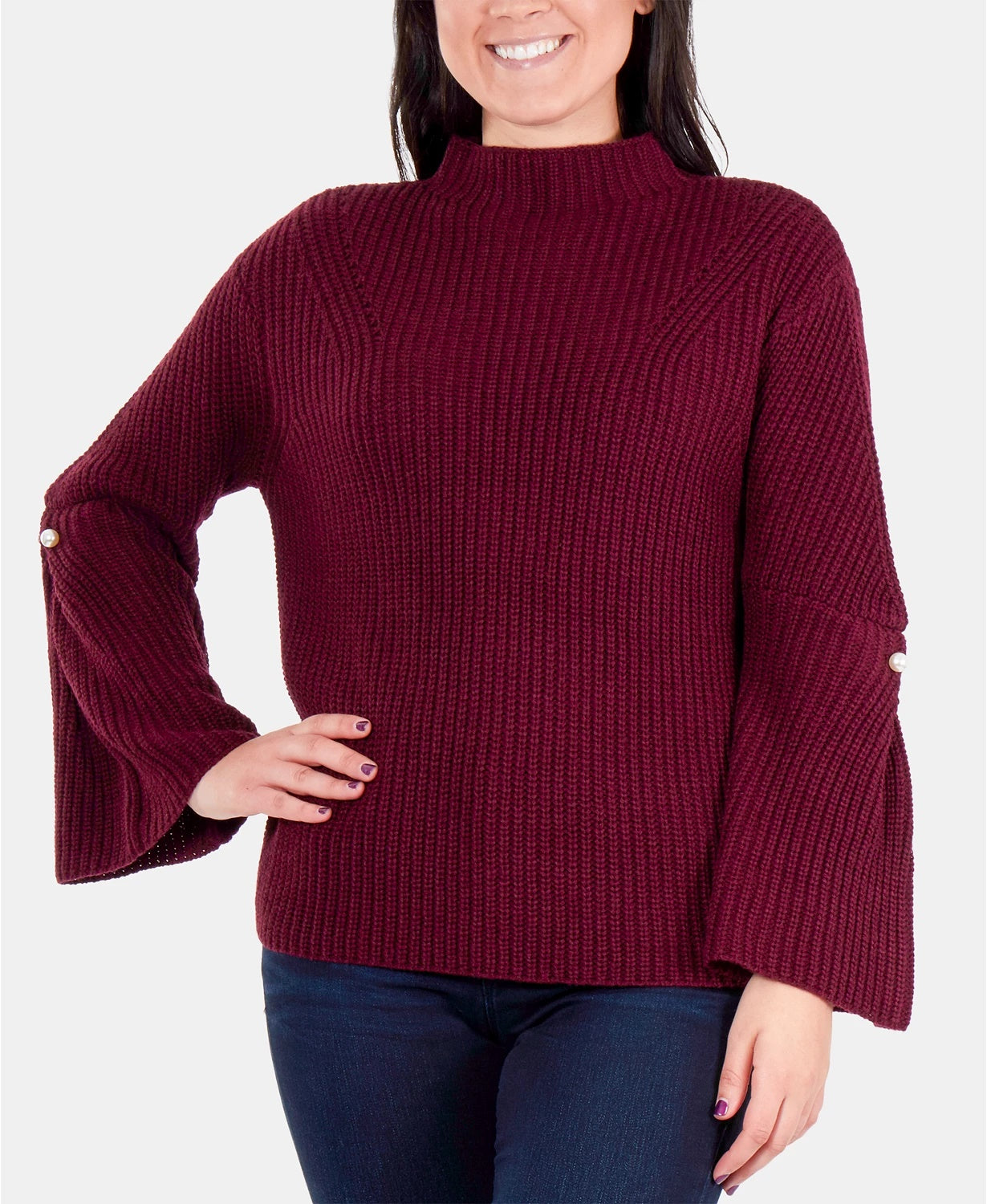 NY Collection Women's Bell-Sleeve Mock-Neck Sweater Wine Size Large