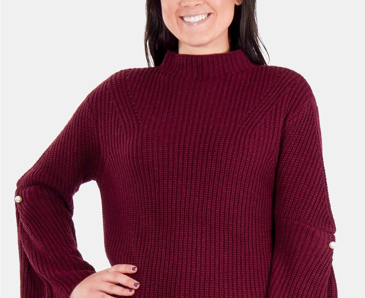 NY Collection Women's Bell-Sleeve Mock-Neck Sweater Wine Size Large