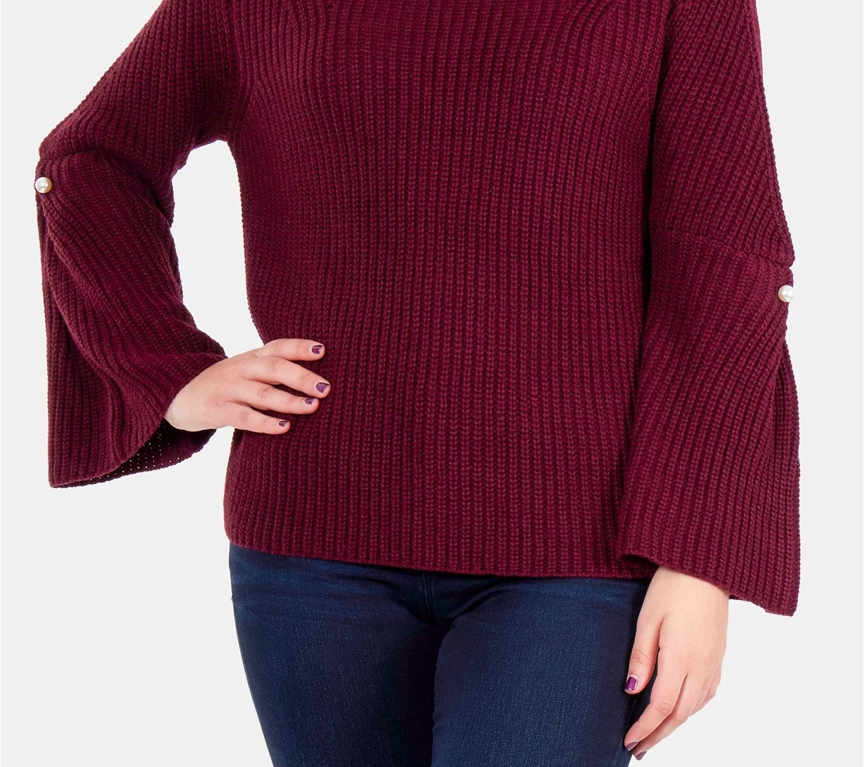 NY Collection Women's Bell-Sleeve Mock-Neck Sweater Wine Size Large