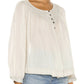 Free People Women's Ivory Textured  Buttoned 3/4 Sleeve Scoop Neck Top White Size X-Small