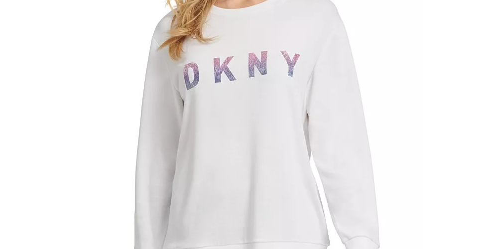 DKNY Women's Ombre Glitter Logo Sweatshirt White Size Large
