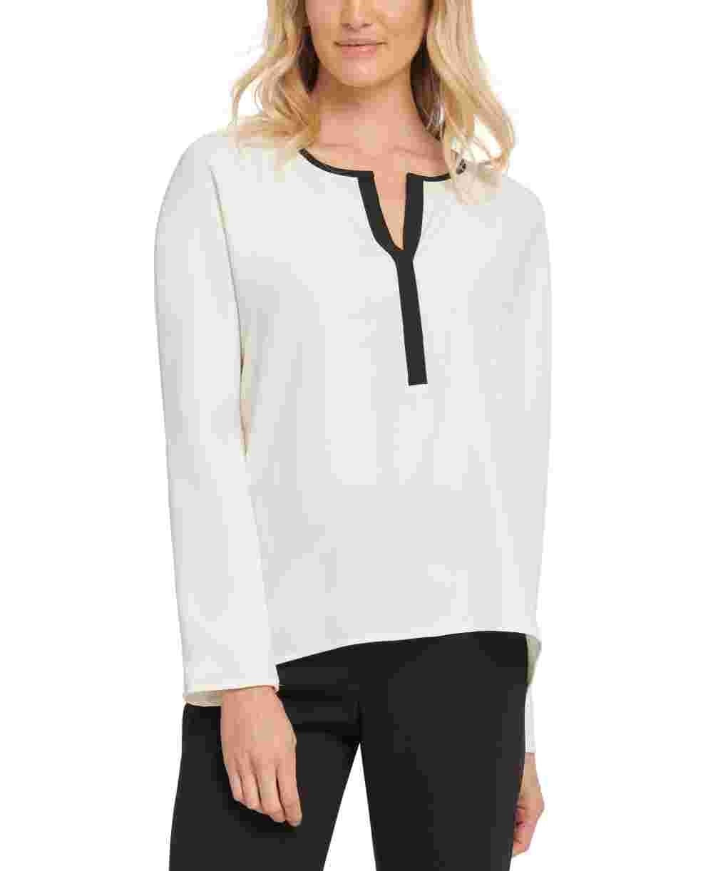 DKNY Women's Contrast-Trim Split-Neck Top White Size Large
