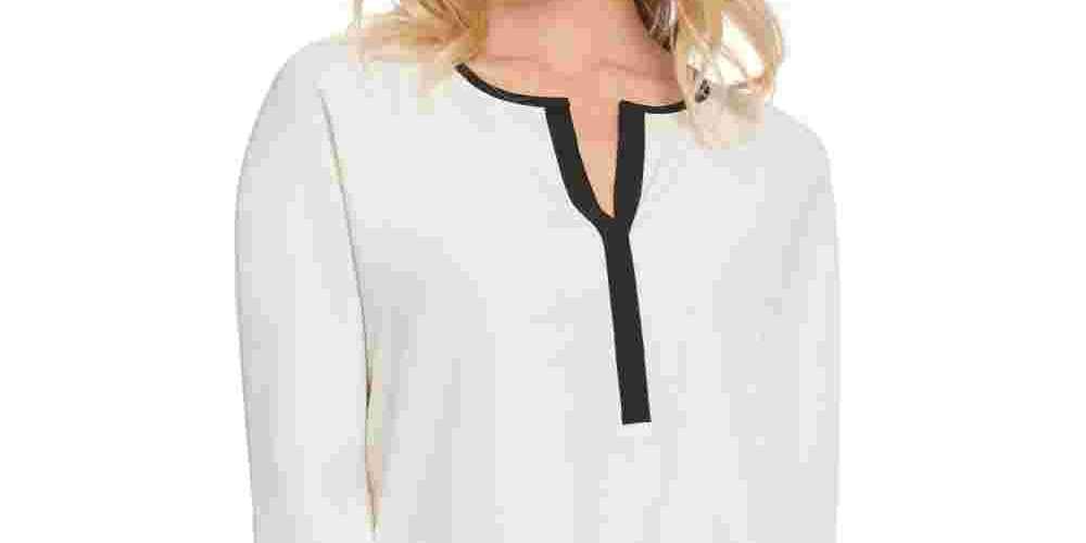 DKNY Women's Contrast-Trim Split-Neck Top White Size Large
