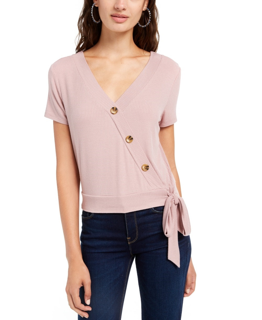 Pink Rose Junior's Side Tie Surplice Top Pink Size Small