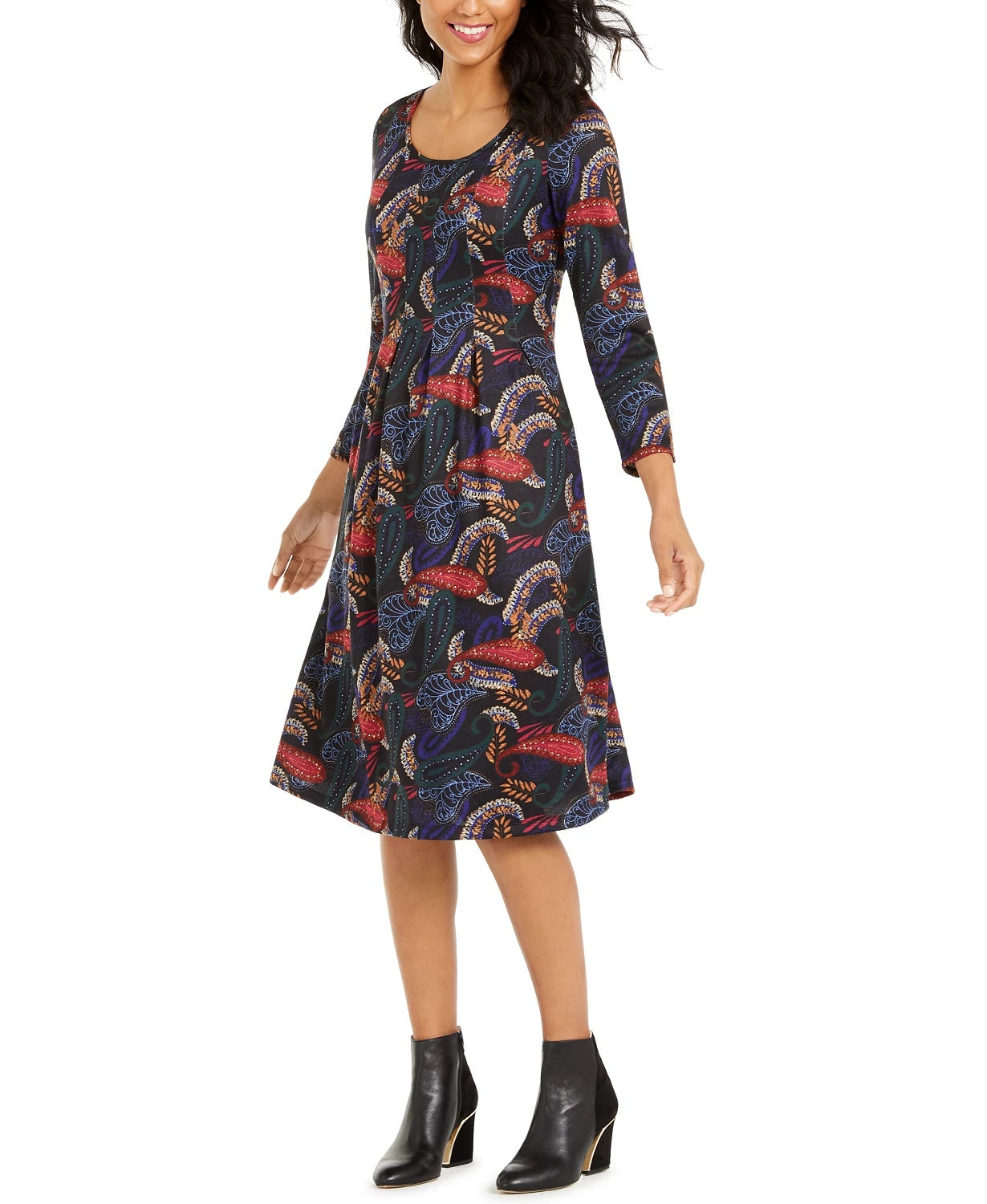 NY Collection Women's Petite Paisley-Print Pleated Dress Black Size X-Large