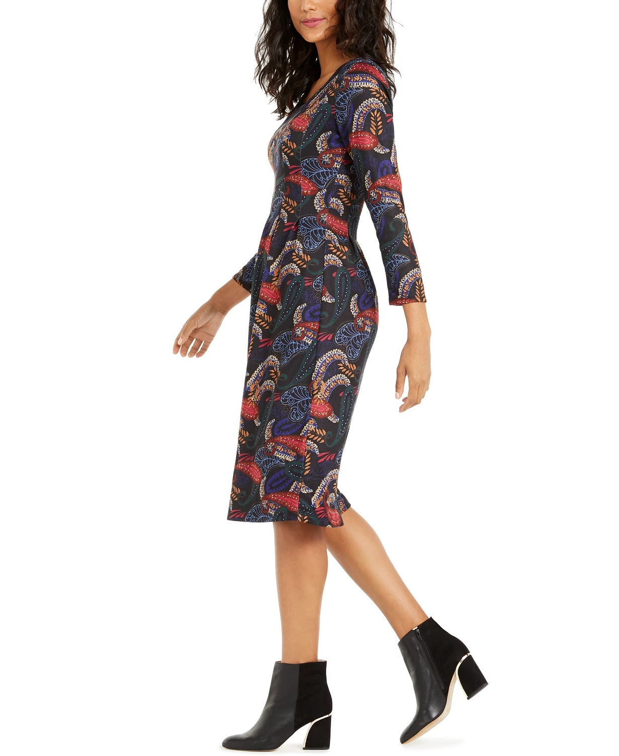 NY Collection Women's Petite Paisley-Print Pleated Dress Black Size X-Large