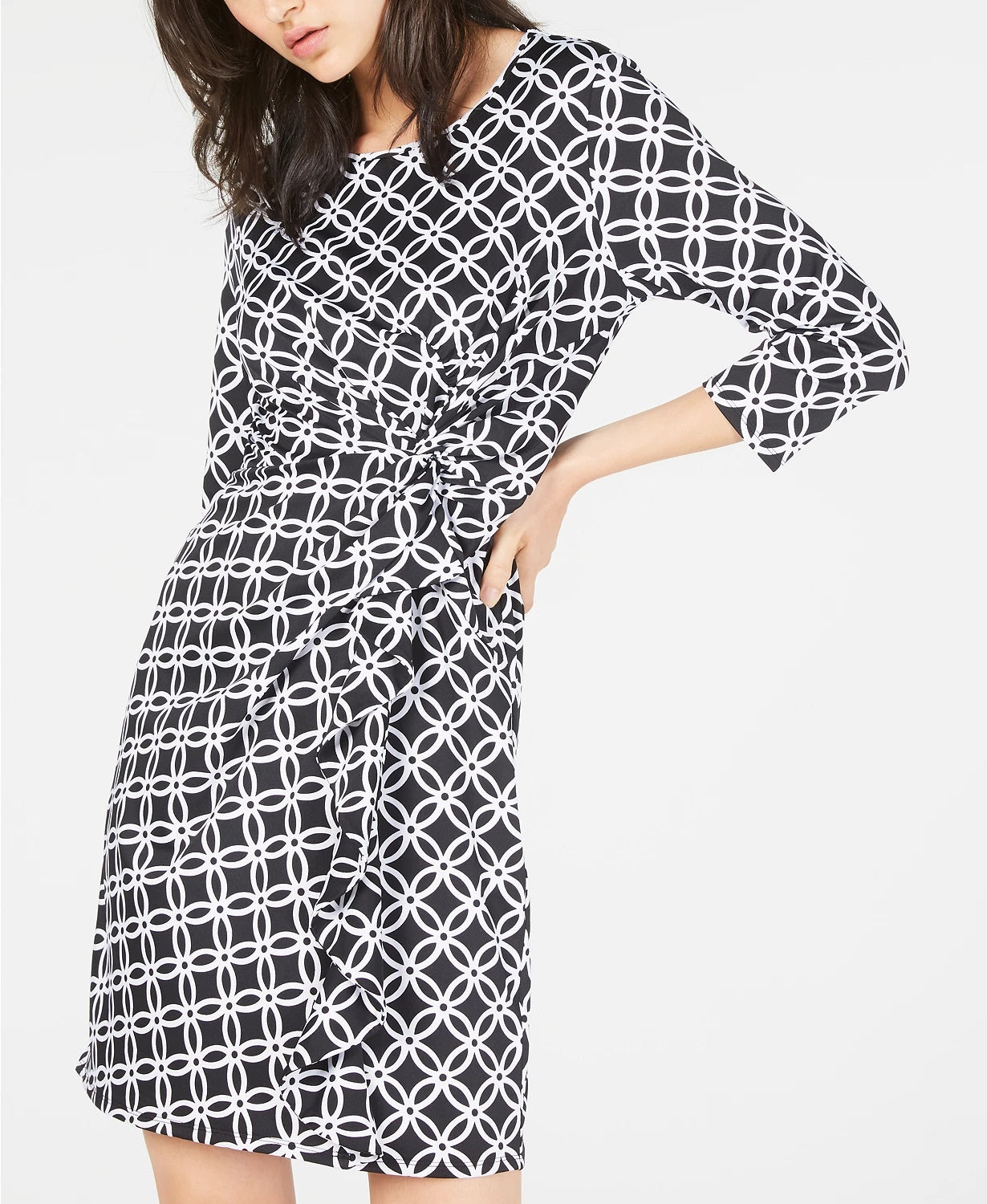 NY Collection Women's Petite Printed Ruffled Sheath Dress Black Size Petite Medium