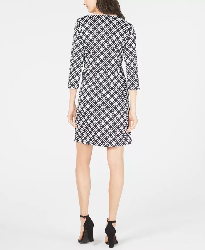 NY Collection Women's Petite Printed Ruffled Sheath Dress Black Size Petite Medium