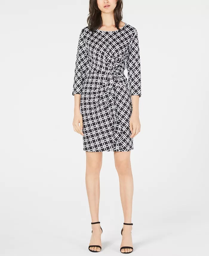 NY Collection Women's Petite Printed Ruffled Sheath Dress Black Size Petite Medium