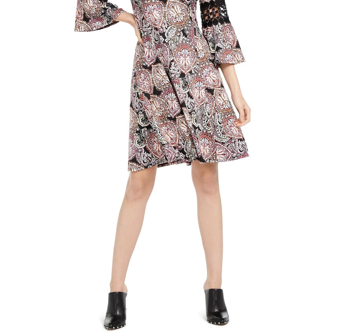 NY Collection Women's Petite Crochet-Trim Bell-Sleeve Dress Black Size Petite Large