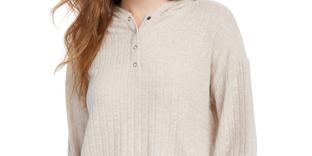 Ultra Flirt Junior's Cozy Ribbed Henley Hoodie Beige Size X-Small