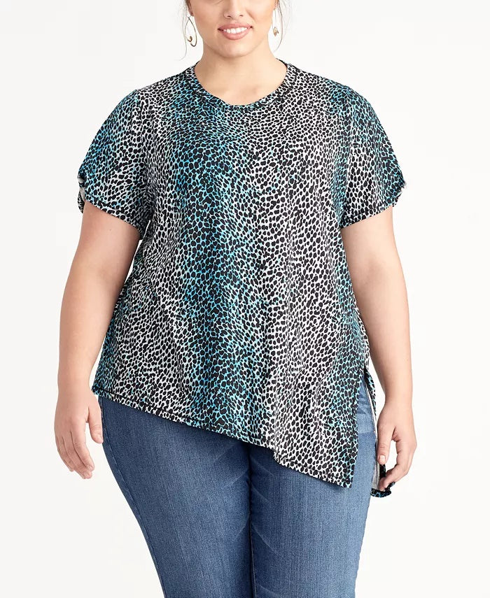 Rachel Roy Women's Plus Size Animal-Print Side-Slit Top Bright Blue Size 0X
