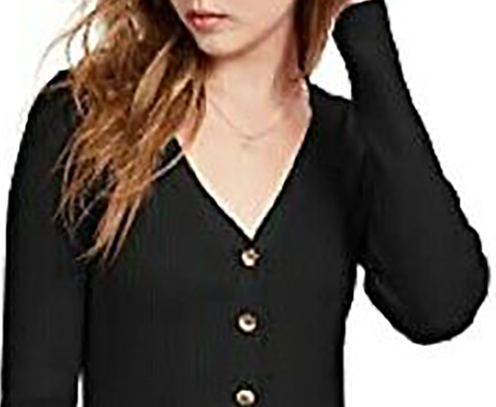 Ultra Flirt Junior's Cropped Ribbed Cardigan Sweater Black Size Medium