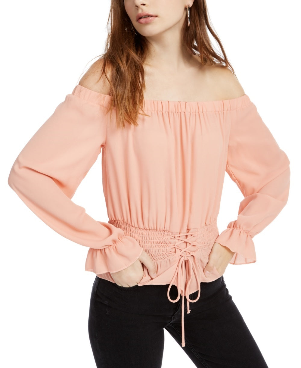 Ultra Flirt Junior's Smocked Off The Shoulder Top Pink Size Large