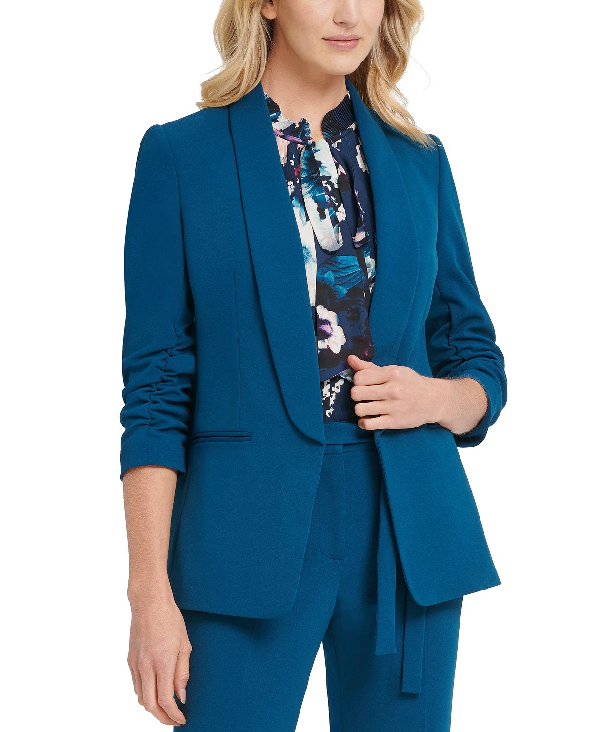 DKNY महिला रश्ड स्लीव ओपन फ्रंट ब्लेज़र नीला साइज़ 16