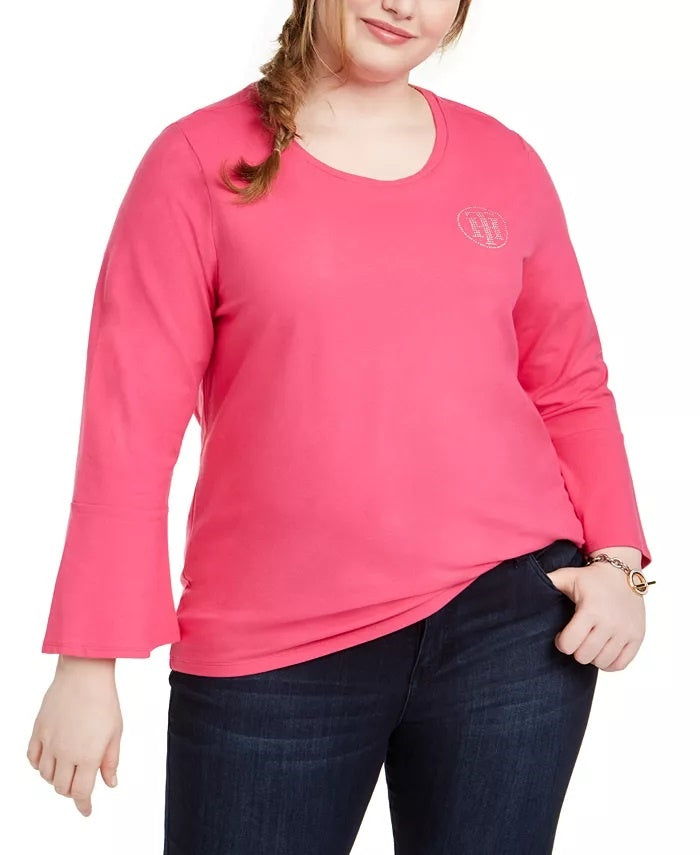 Tommy Hilfiger Women's Embellished Bell Sleeve Top  Pink Size 1X