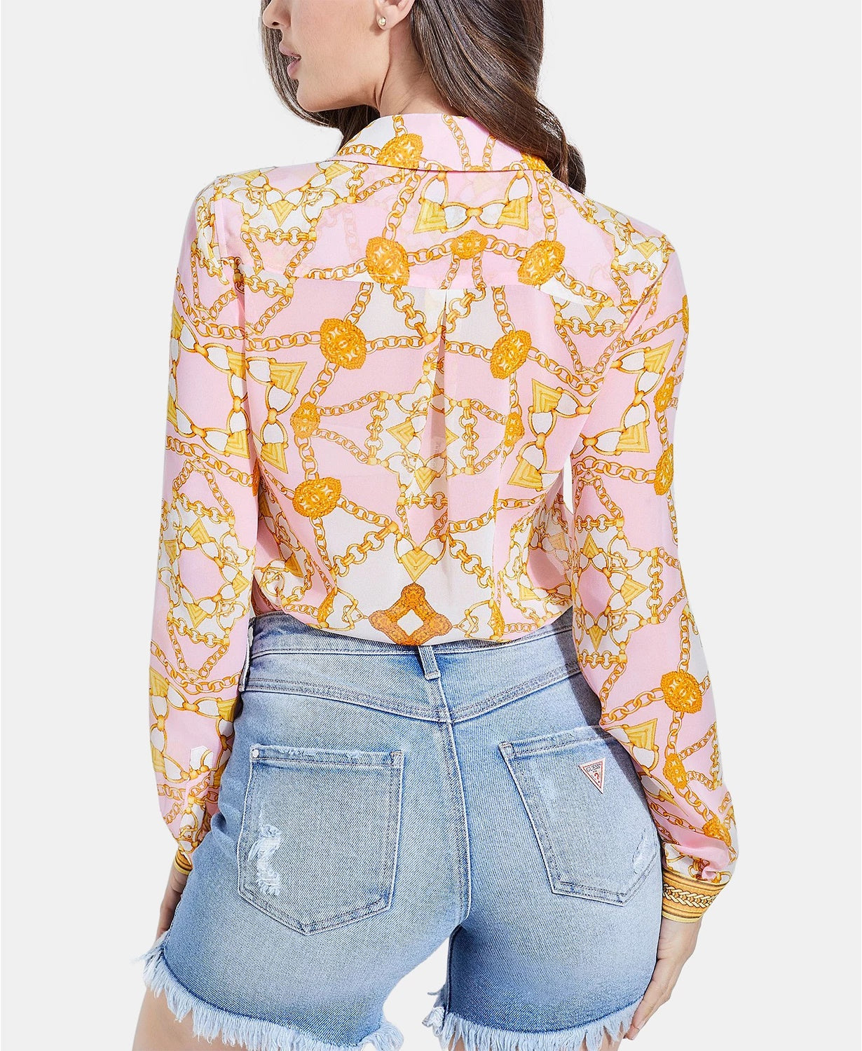 Guess Women's Madyson Printed Long-Sleeve Shirt Pink Size Medium