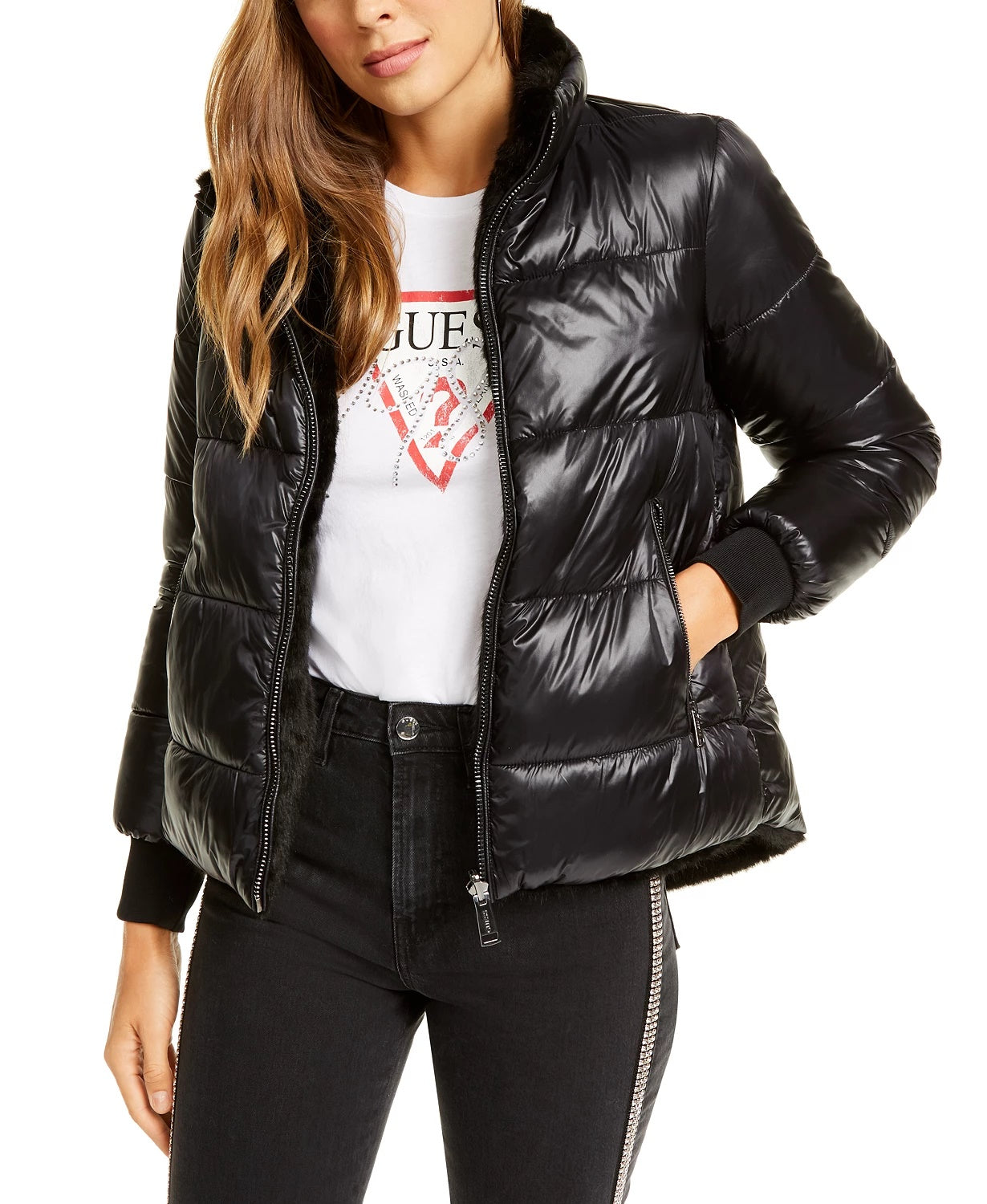 Guess Women's Felicia Reversible Faux-Faux Puffer Coat Black Size X-Small