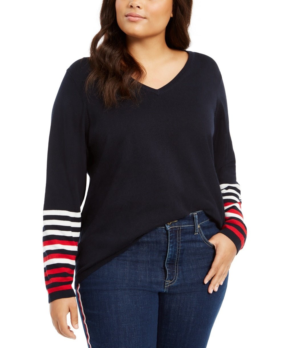 Tommy Hilfiger Women's Plus Size Ivy Striped-Sleeve Sweater Blue Size 0X