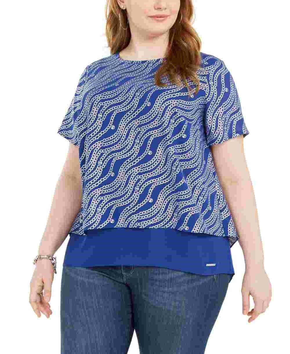 Michael Kors Women's Plus Size Printed Split-Back Top Blue Size 3X