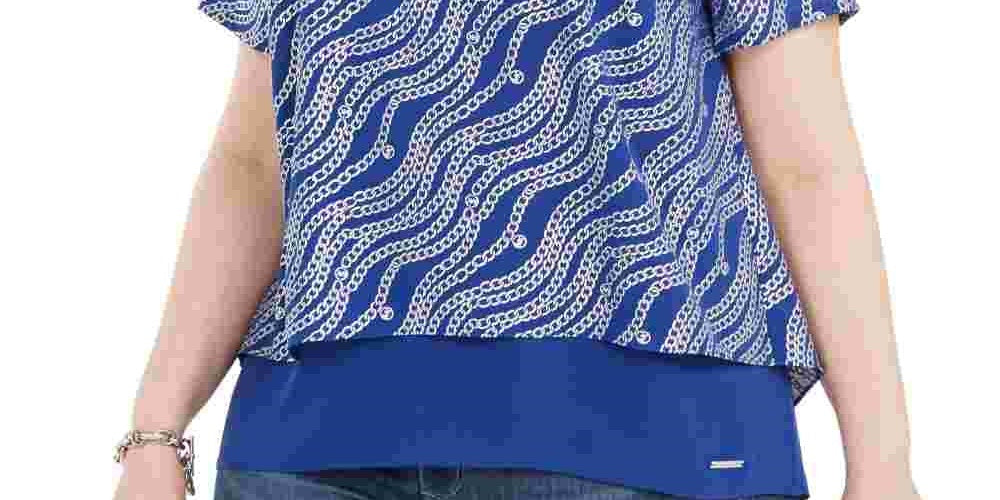 Michael Kors Women's Plus Size Printed Split-Back Top Blue Size 3X