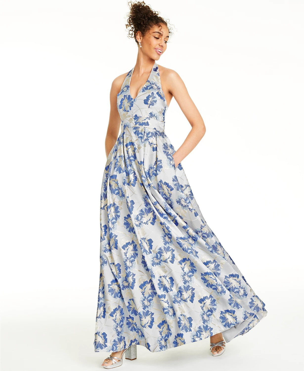 Speechless Juniors' Metallic Floral Brocade Halter Gown Blue Size 9