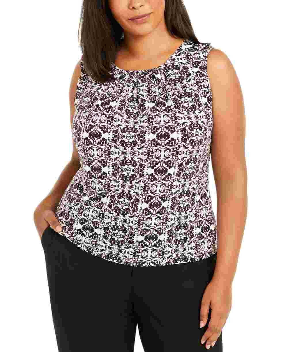 Calvin Klein Women's Sleeveless Printed Pleat Neck Top Black Size 1X